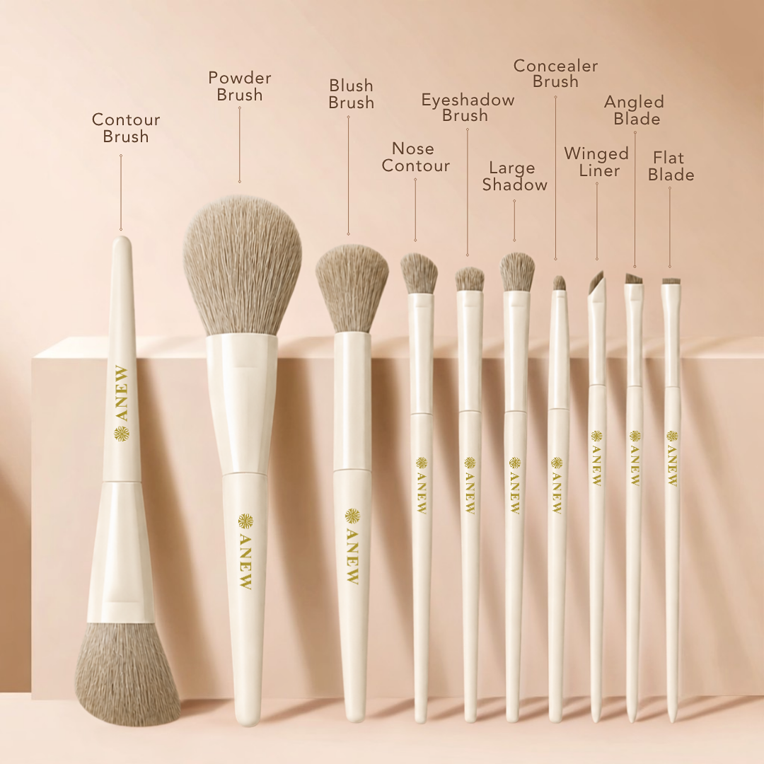 ANEW 10-Piece Beginner-Friendly Makeup Brush Set | Soft Synthetic Bristles for Face & Eye Makeup